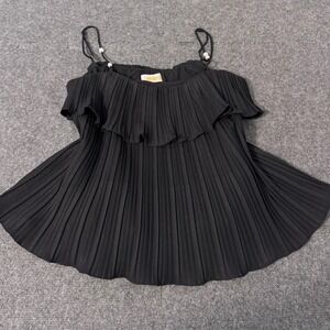 Ambria Black Pleated Ruffle Camisole Top Pearl Bead Straps Womens L v3